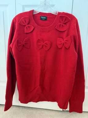 Fate Red Crewneck Sweater with Bow Appliqués